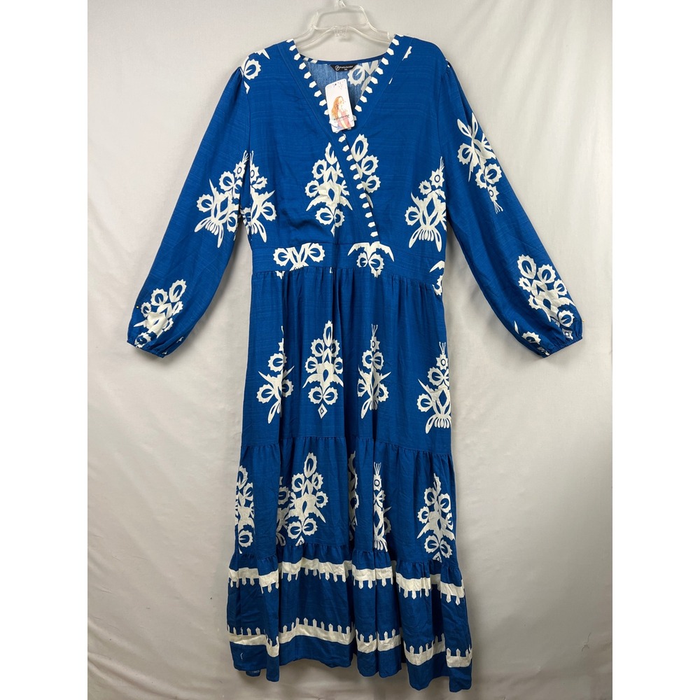 PrettyGarden Maxi Dress Womens XXL Blue White Floral Boho Tiered Smocked V-Neck